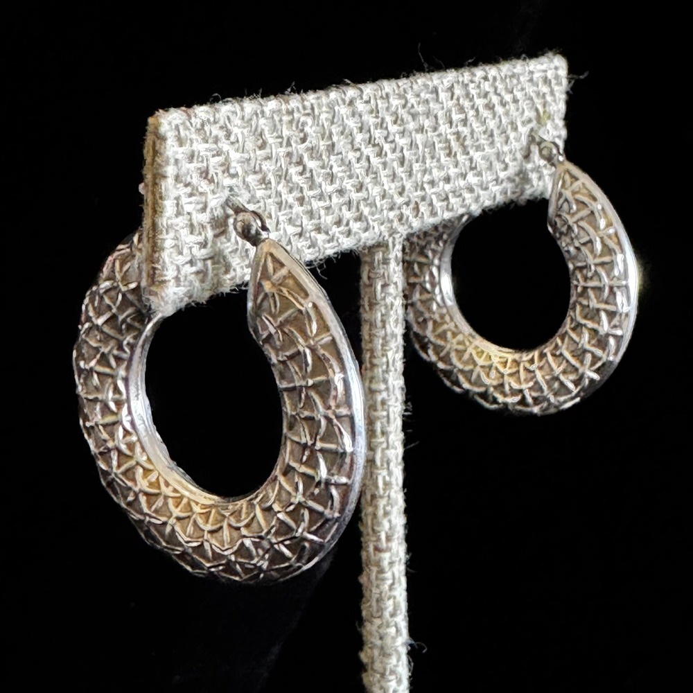 PC 925 Sterling Silver Textured Lattice Hoop Earrings 1.2" Latch Back 5.56g